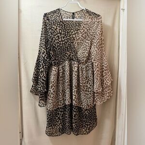 Chic Joelle Animal Print Women's Sheer Dress Size Small Flowy Bell Sleeve